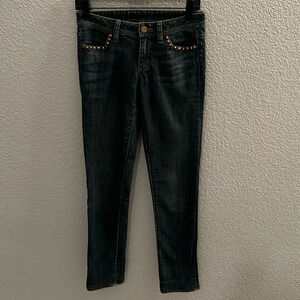 TORY BURCH Dark Wash Gold Logo Hardware Low Rise Super Skinny Jeans SIZE 25